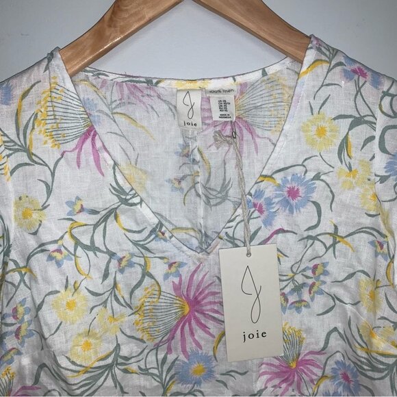 Joie Dress Size Extra Small White Floral Linen Short Frilly Sleeve Oversized NWT - Picture 5 of 9